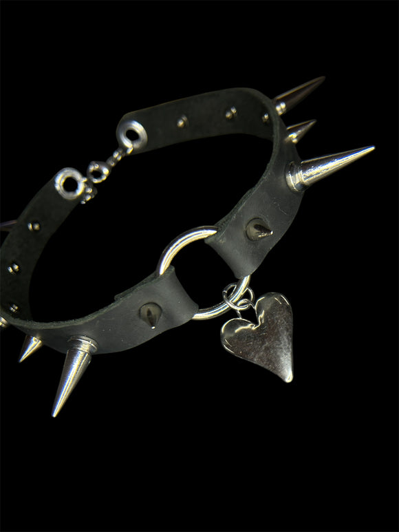Real Cowhide Leather Steel Heart Spiked Choker