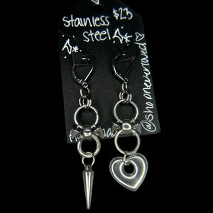 Steel Spiked Heart Drop Earrings