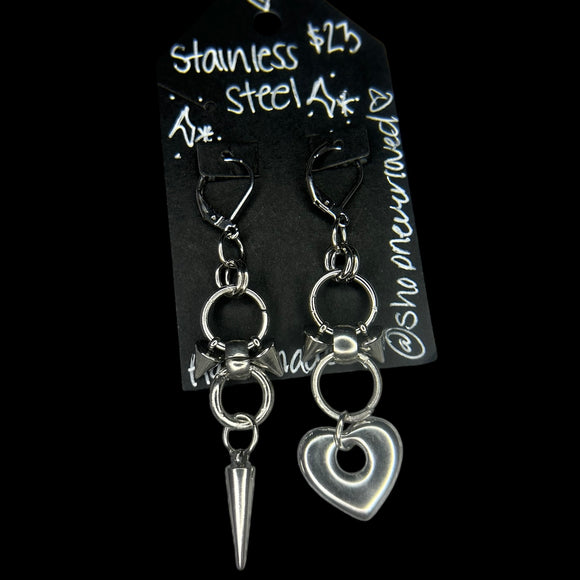 Steel Spiked Heart Drop Earrings