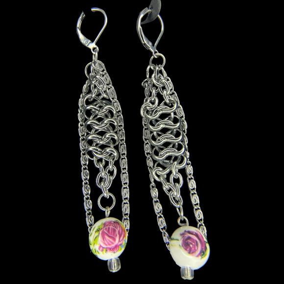 steel floral chainmail earrings